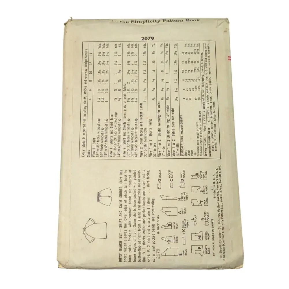 Simplicity 2079 Vintage Sewing Pattern Size 17 Boys Shirt Jacket Shorts Pants